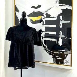 Yag Couture Black Top w/Peek-A-Boo Details At Shoulders & Empire Waist, Size L